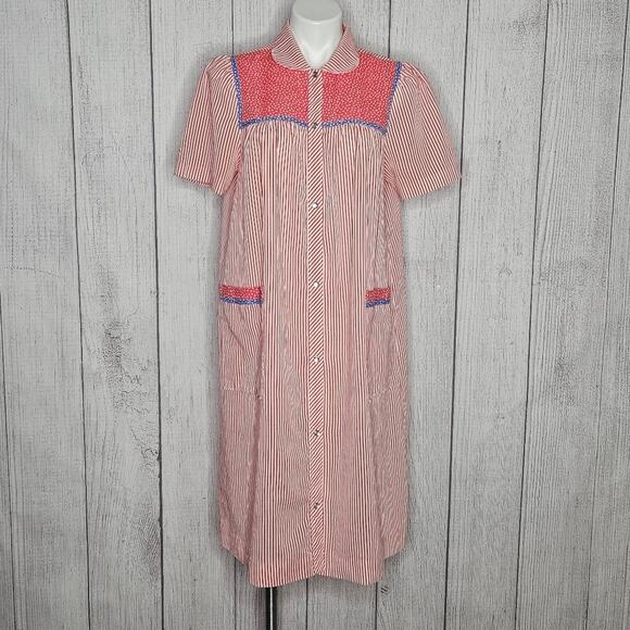 VTG Red, White, & Blue Striped Floral KOMAR Shirt Dress, size Medium - Picture 1 of 7